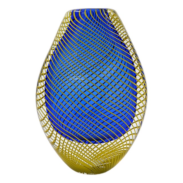 Blue Flattened Optical Twisted Vase with Yellow Twist For Sale