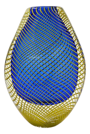 Blue Flattened Optical Twisted Vase with Yellow Twist