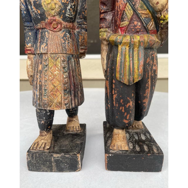 Vintage Asian Carved & Painted Wood Man and Woman Figures - Set of 2 For Sale - Image 10 of 10