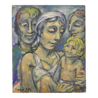 Vintage Samuel Heller "Family Portrait With Child" Oil on Board Painting, Signed For Sale