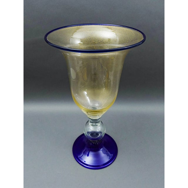 Mid-Century Modern Mid 20th Century Murano Attributed Large Hand Blown Cobalt Blue Gold Fleck Art Glass Pedestal Vase For Sale - Image 3 of 5