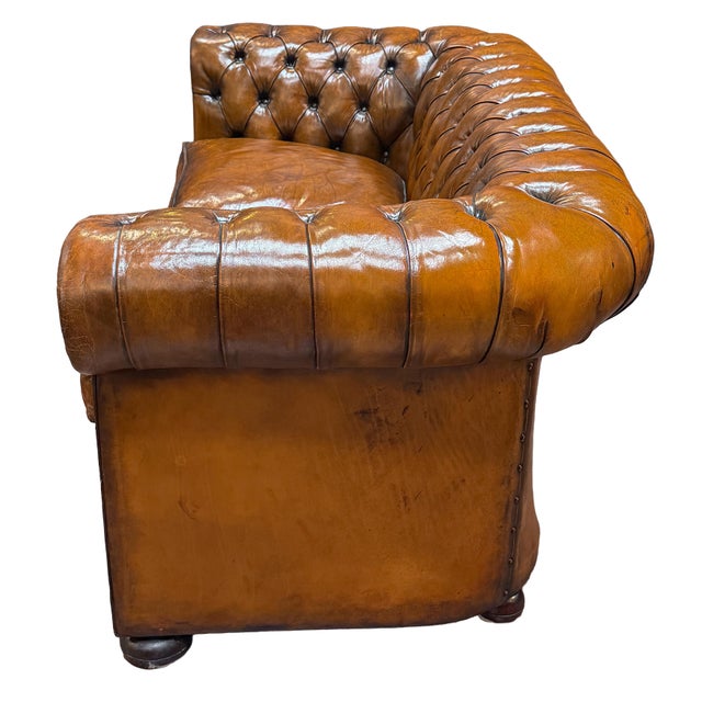 Wood English Chesterfield Sofa of Tufted Leather For Sale - Image 7 of 16