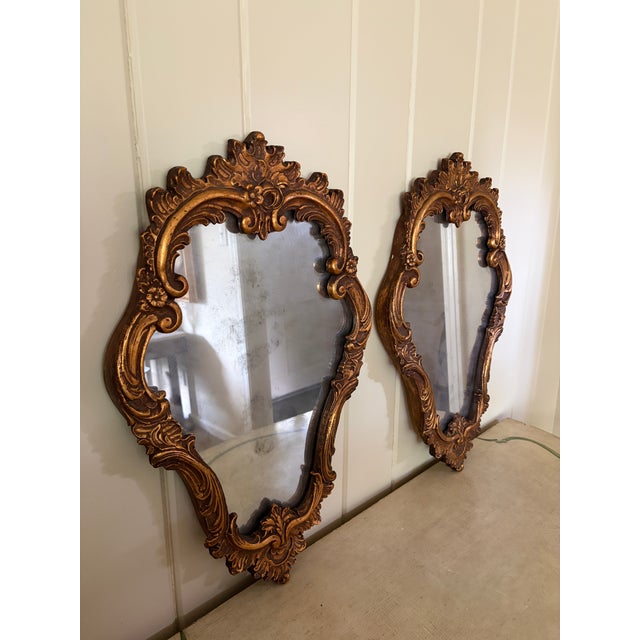 French Provincial Pair of Italian Rococo Giltwood Mirrors With Antiqued Glass For Sale - Image 3 of 14