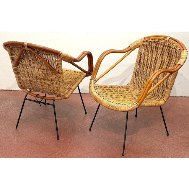 Mid 20th Century Pair of Italian Bamboo and Rattan Club Chairs Attributed to Franco Albini, Italy For Sale - Image 5 of 12