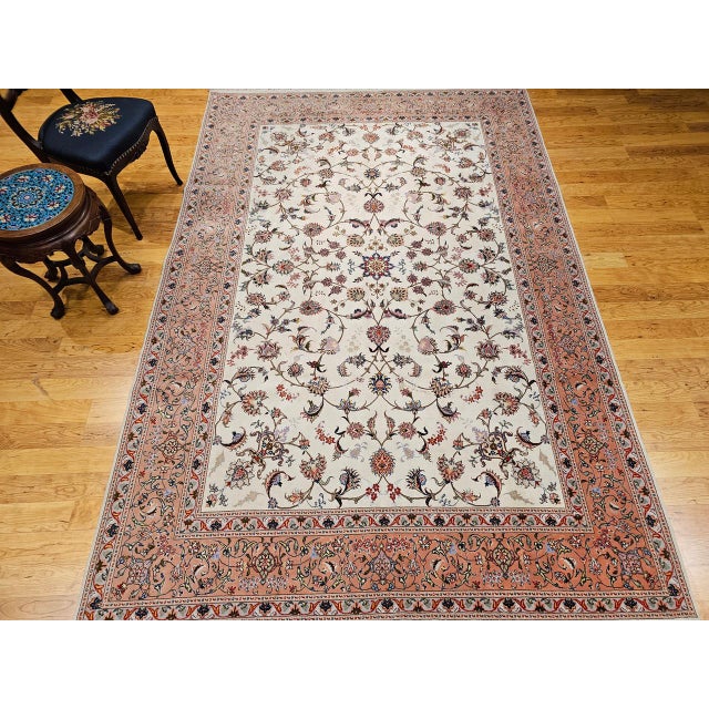 Vintage Persian Tabriz Rug, Hand-Knotted Wool & Silk, Allover Floral Pattern, Ivory & Pale Red, 7x10 For Sale - Image 10 of 18