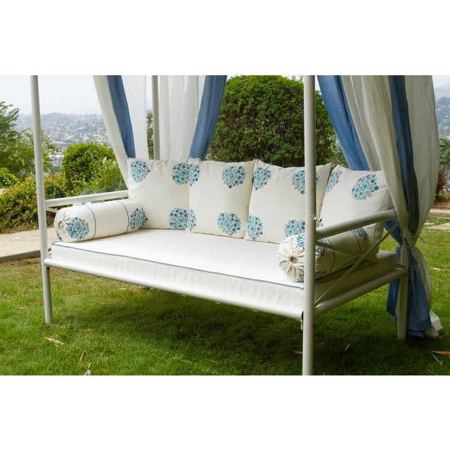 Coastal Blue & White Floral Block Print Garden Daybed For Sale - Image 11 of 15