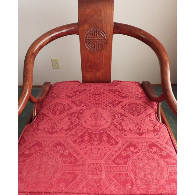 20th Century George Yee Style Chinese Hong Kong Horseshoe Lacquered Wook Accent Chair With Red Cushion For Sale - Image 12 of 12