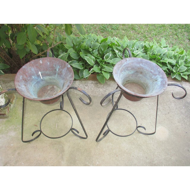 Antique French Wrought Iron & Copper Pots Patinated Jardinières Planters-Pair For Sale - Image 4 of 9