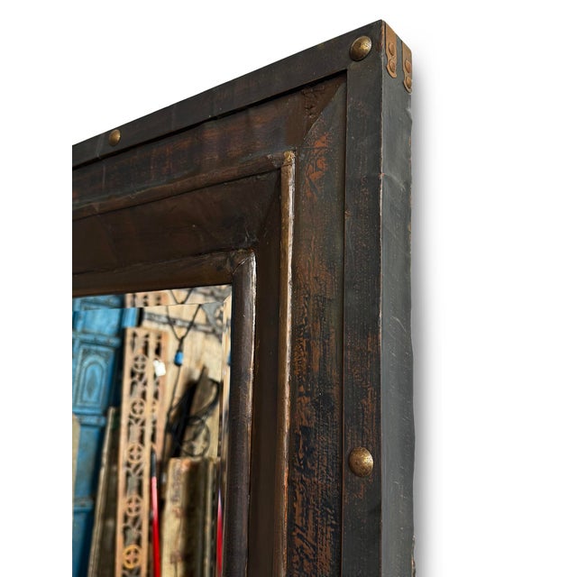 Late 20th Century Vintage Industrial Black Metal & Brass Stud Mirror For Sale - Image 5 of 6
