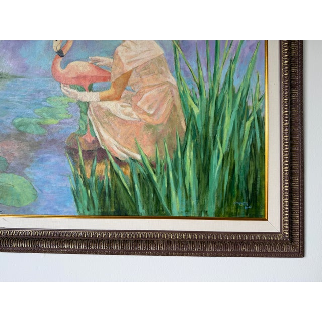1980s Carver Figurative Tropical Landscape Oil on Canvas Painting, Framed For Sale - Image 9 of 12