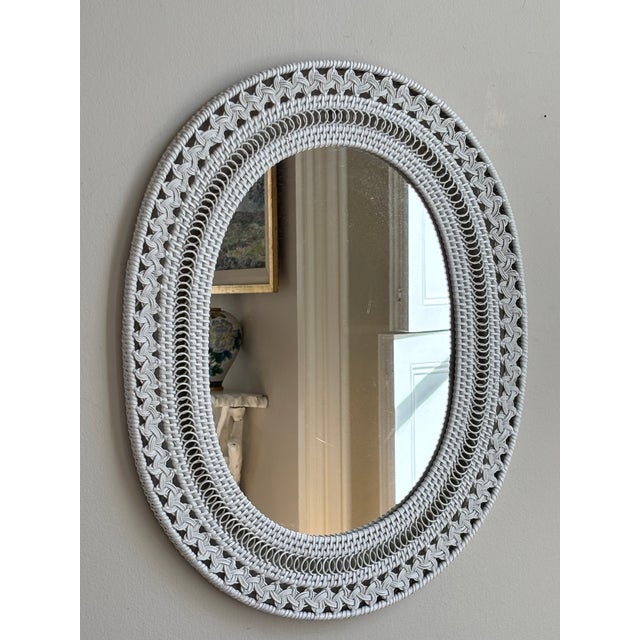 Vintage Boho White Wicker Wall Mirror For Sale - Image 4 of 10