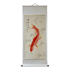Chinese Fengshui Koi Fish Color Ink Scroll Painting