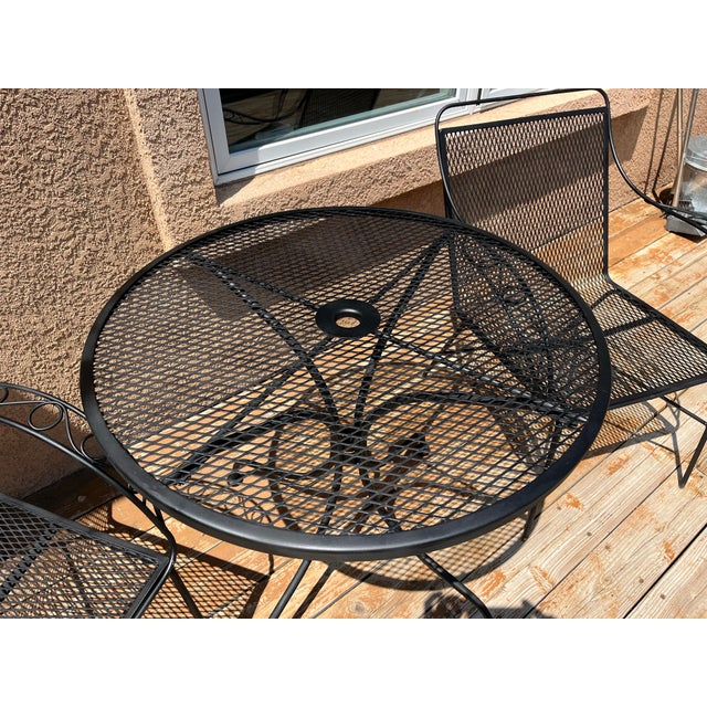 Metal Woodard Style Mid-Century Modern Black Wrought Iron Mesh Bistro Set - 3 Pieces For Sale - Image 7 of 8