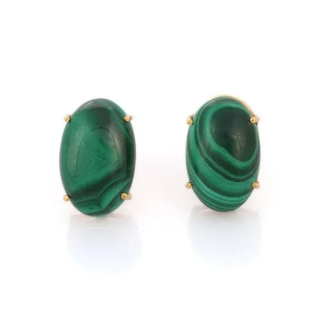 12.45ct Elliptical Malachite Solitaire Stud Earrings in 18k Yellow Gold- 2 Pieces For Sale - Image 4 of 9