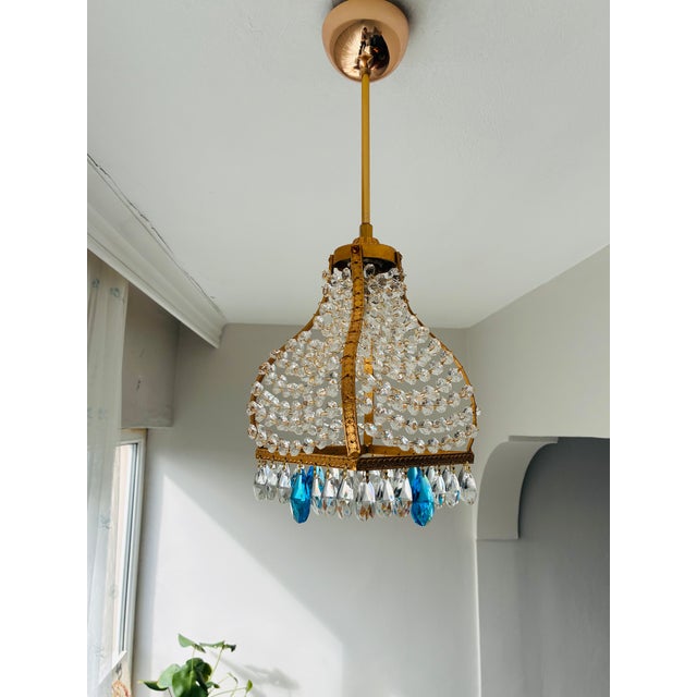 Traditional Vintage French Empire Brass & Crystal Pendant Light With Aqua Blue Drops - Pair Restored For Sale - Image 3 of 18