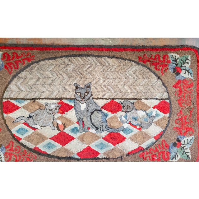 American 19th or 20th Century American Folk Art Hooked Rug With Cat and Two Kittens For Sale - Image 3 of 14