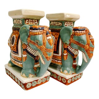 Vintage Chinoiserie Celadon & Ochre Ceramic Elephant Glazed Plant Stands / Bookends For Sale