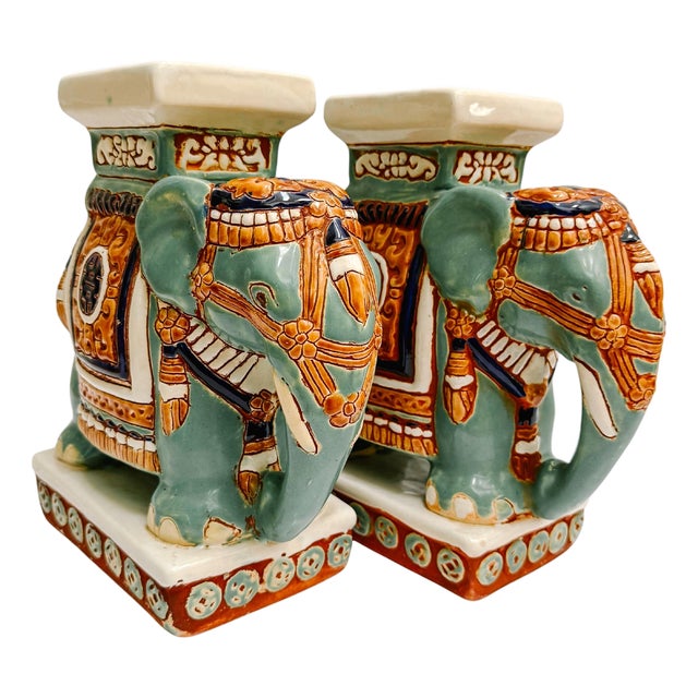 Vintage Chinoiserie Celadon & Ochre Ceramic Elephant Glazed Plant Stands / Bookends For Sale