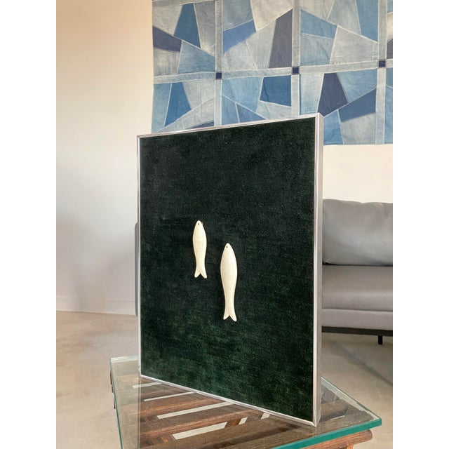 Mid-Century Modern Kinetic Art Framed Bas Relief Carved Sardines Deep Forest Green Chenille Textile For Sale - Image 3 of 14