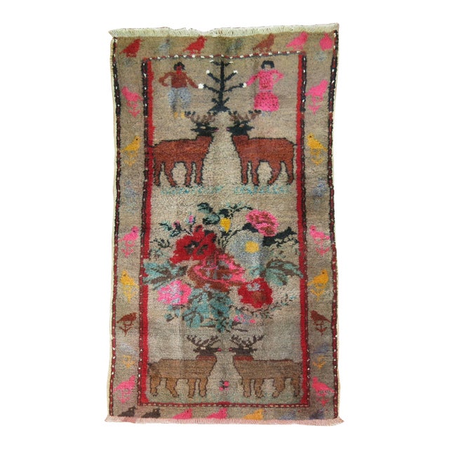 Pictorial Animal Human Turkish Rug, Mid 20th Century For Sale