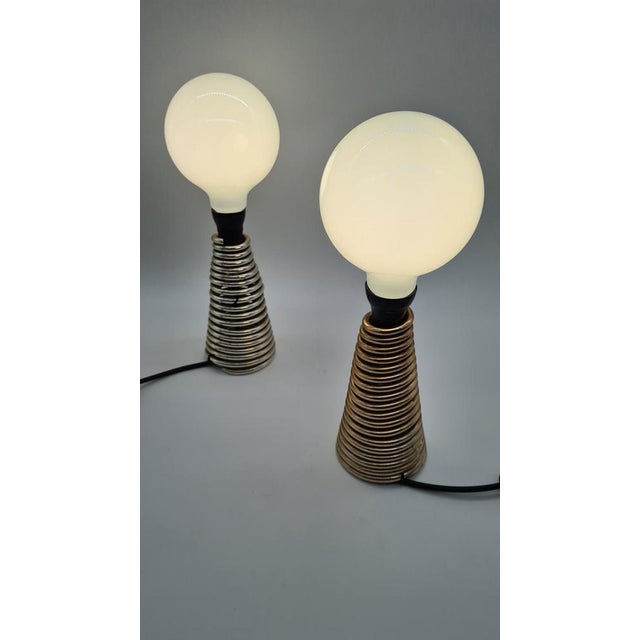 Metal Vintage Table Lamps Aluminium Springs & Large Bulbs, Czechoslovakia, 1970s, Set of 2 For Sale - Image 7 of 13