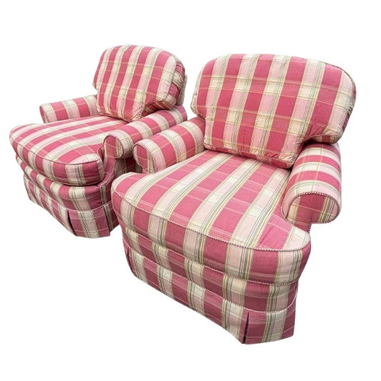 A Pair of Custom Pink Plaid Pleated Skirt Lounge Chairs With Rolled Arms For Sale - Image 17 of 18