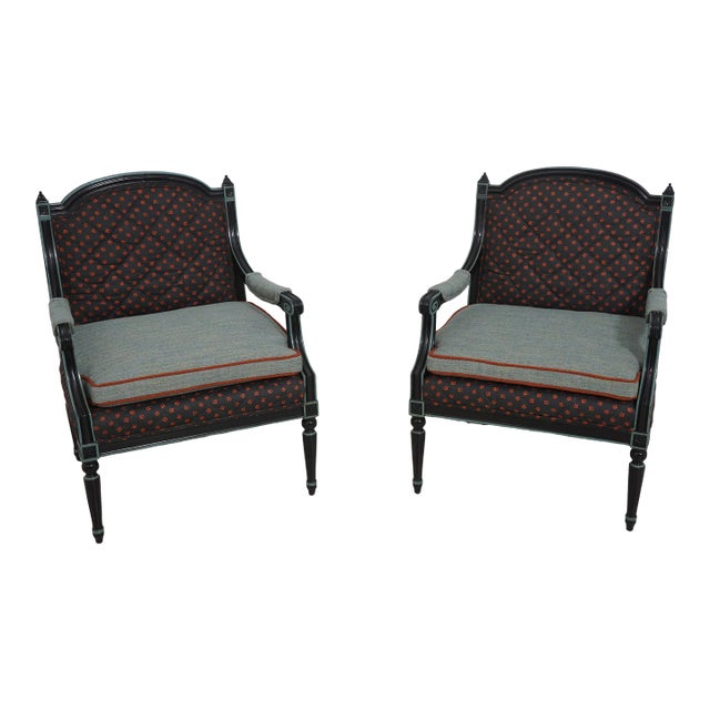 Pair French Louis XVI Upholstered Armchairs For Sale