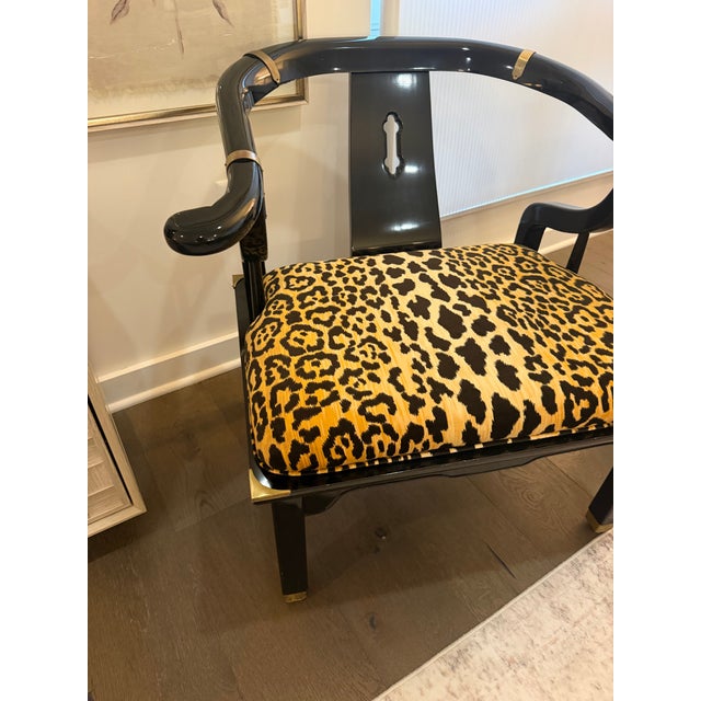 Paint 1960s Pair of James Mont Style Chinoiserie Black Lacquer Armchairs in Serengeti Leopard For Sale - Image 7 of 12