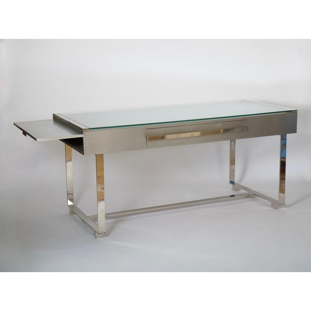 Glass Brushed Steel Desk attributed to Raymond Cohen for Cohray, France, 1970s For Sale - Image 7 of 17