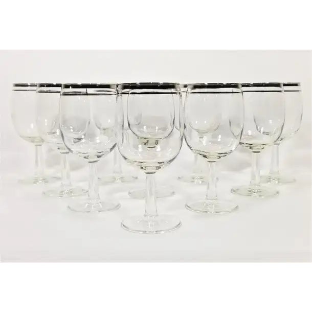Mid Century 1960s Silver Rimmed Stemware / Barware / Glassware / Wine Glasses. Set of 10