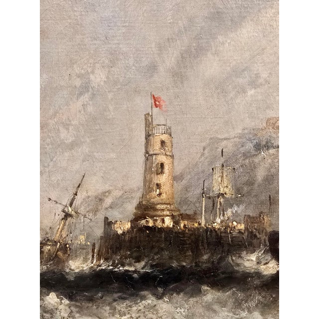 Clarkson Stanfield–Dramatic English Lighthouse Seascape W/ French Ship-19th Century Oil Painting For Sale - Image 10 of 13