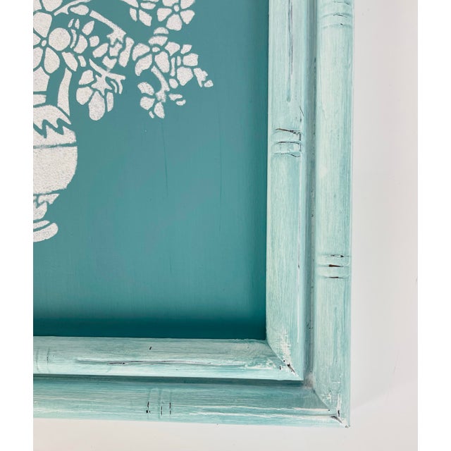 Contemporary Aqua Blue & White Floral Painting in Distressed Vintage Frame - Unsigned For Sale In Cincinnati - Image 6 of 9