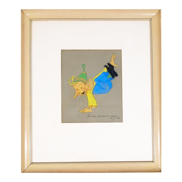 A pair of original drawings of the cartoon characters depicting an Elf and Pinocchio. In Color Pastels and Pencil. Dated...