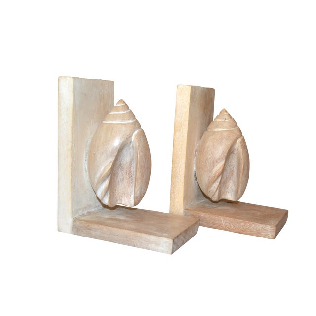 Vintage Nautical Bleached Cerused Oak Seashell Decor Bookends