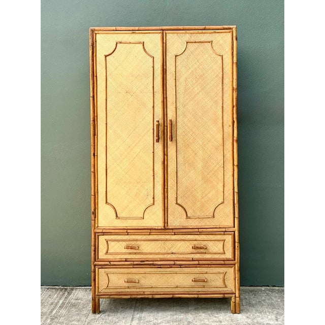 Wood Vintage Notched Bamboo and Rattan Armoire For Sale - Image 7 of 12
