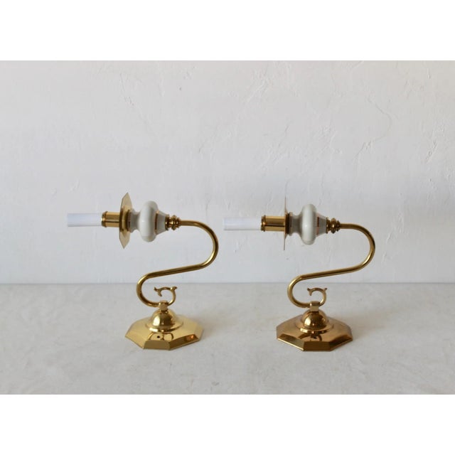 Hollywood Regency Brass Wall Sconces Genuine White Porcelain 24k Gold Trim Detail Vintage Mid Century-A Pair For Sale - Image 3 of 10