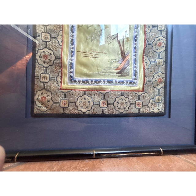 Late 20th Century Chinese Silk Embroidery Panel Framed in Faux Bamboo - School of Tientsin Design L For Sale - Image 14 of 17