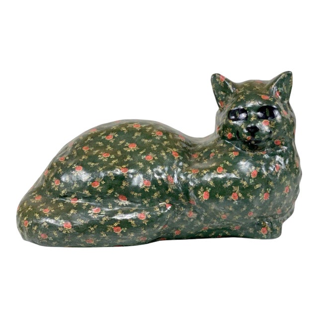 Vintage Farmhouse Chalkware Floral Cat Doorstop Sculpture For Sale