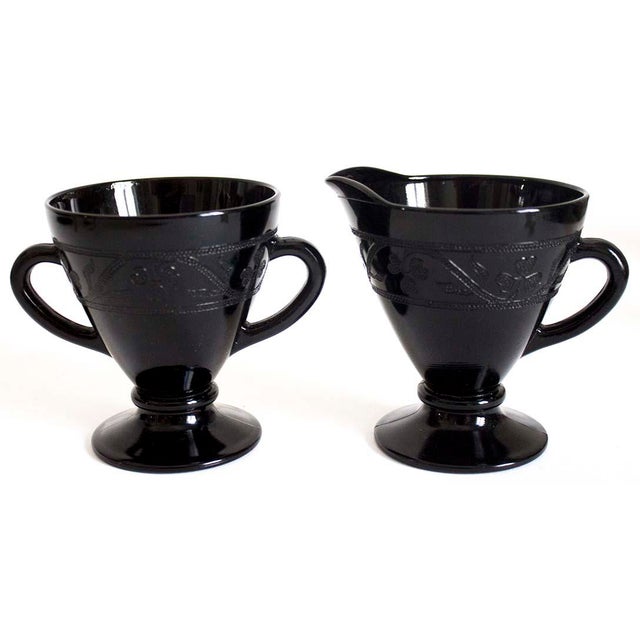 Black Depression Glass Creamer & Sugar Cloverleaf Pattern a Pair