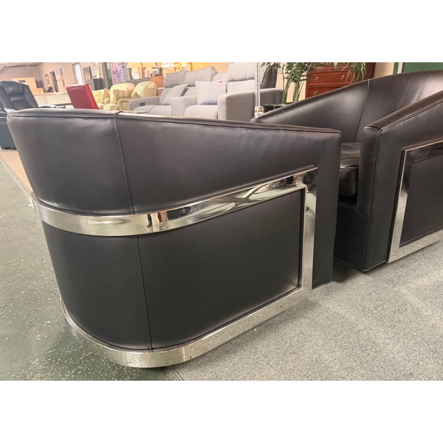 Restoration Hardware Restoration Hardware Collection Black Leather & Chrome Accent Swivel Chairs For Sale - Image 4 of 8
