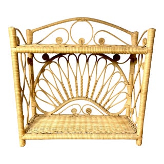 Vintage Boho Tiered Woven Rattan Wicker Bamboo Small Shelf For Sale