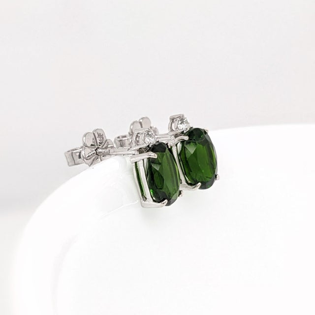 2.6ct Chrome Diopside Earrings With Natural Diamonds: Solid 14k Gold, Oval, A Pair For Sale - Image 4 of 7