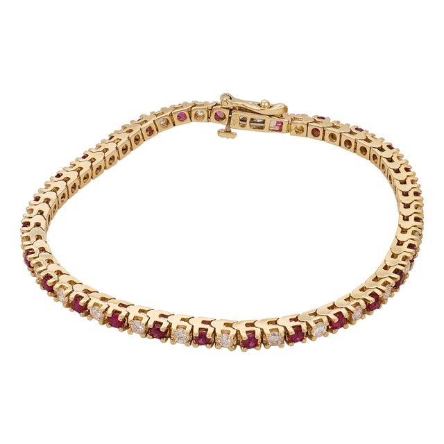 Vintage Ruby Diamond 14k Yellow Gold Tennis Bracelet For Sale