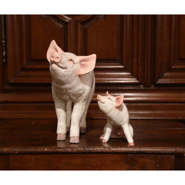 Late 20th Century Painted Ceramic Pig and Piglet Sculptures Set From