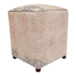 1980s Vintage Distressed Vintage Wool Rug Upholstered Ottoman For Sale