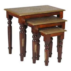 Transitional Style Hand Hammered Brass Foil Accented Wooden Vintage Nest of Tables - Set of 3