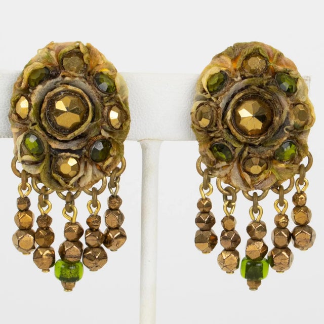 Gothic Henry Perichon Talosel Clip Earrings with Bronze and Green Cabochons For Sale - Image 3 of 7