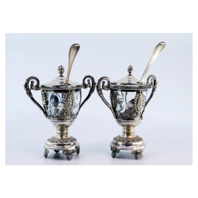 Mustard Pots in Embossed Silver with Palms, Glass Cores and Resting on Claw-Shaped Feet, Set of 2 For Sale - Image 3 of 9