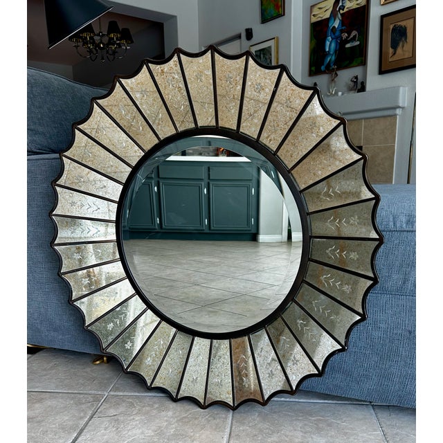 Light Gray Uttermost Round Sunburst Venetian Style Etched Glass Wall Mirror For Sale - Image 8 of 17