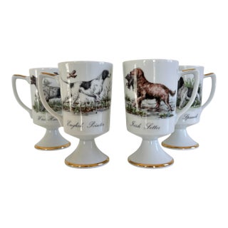 English Traditional Vintage Hand Painted Porcelain Sporting Dog Pedestal Mug Set (4) For Sale
